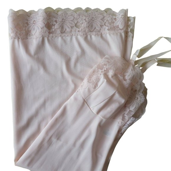 Vintage 70s Lorraine Beige Full Dress Slip Nylon Lace Glam Pin Up Lingerie USA - Picture 1 of 10